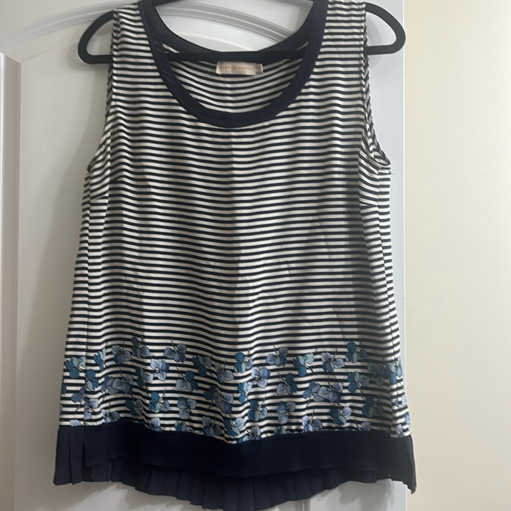 100% silk Tory Burch tank sleeveless shirt top navy blue striped with floral
